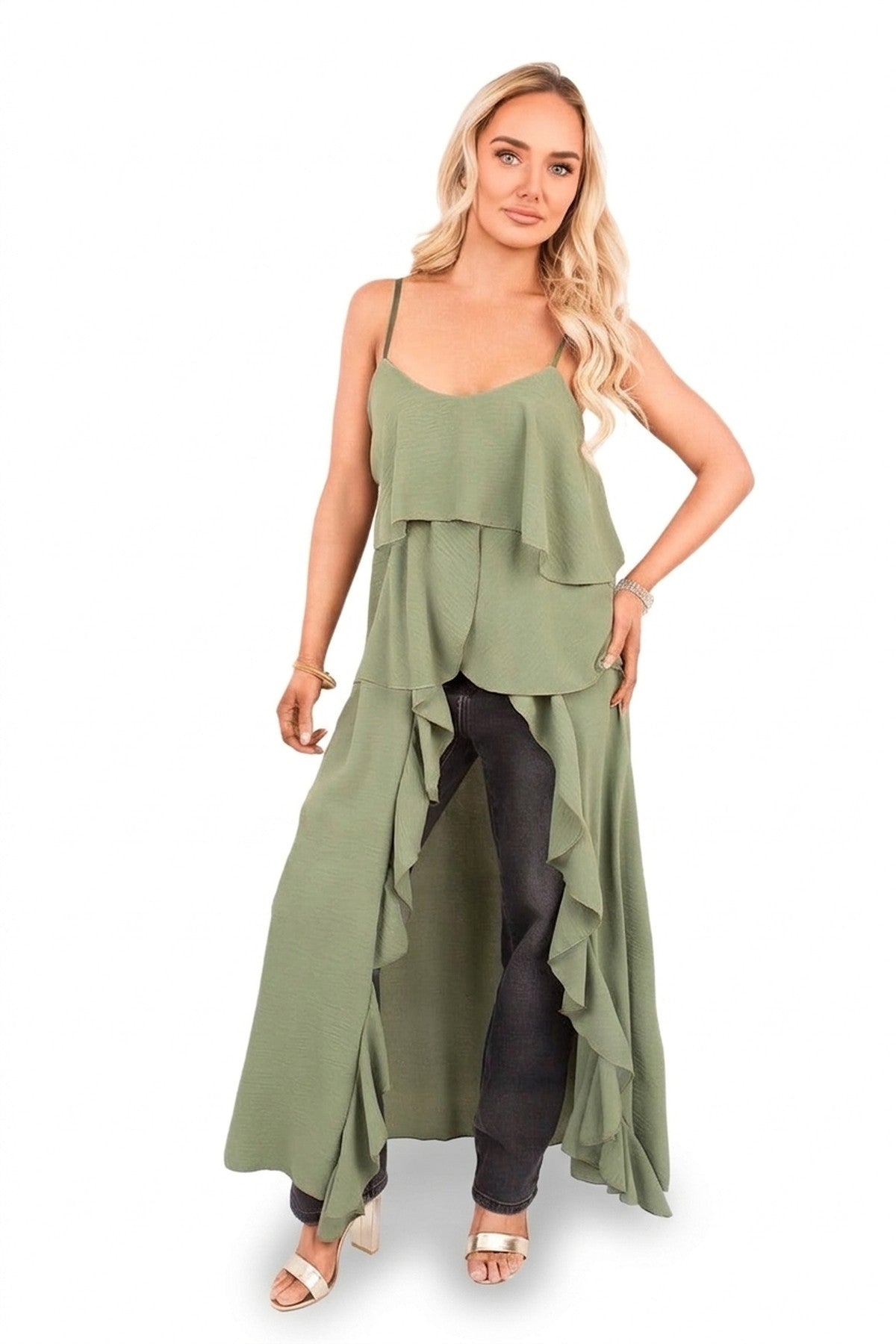Nayeli Layered Cami Top With Asymmetric Hem - Khaki_wb