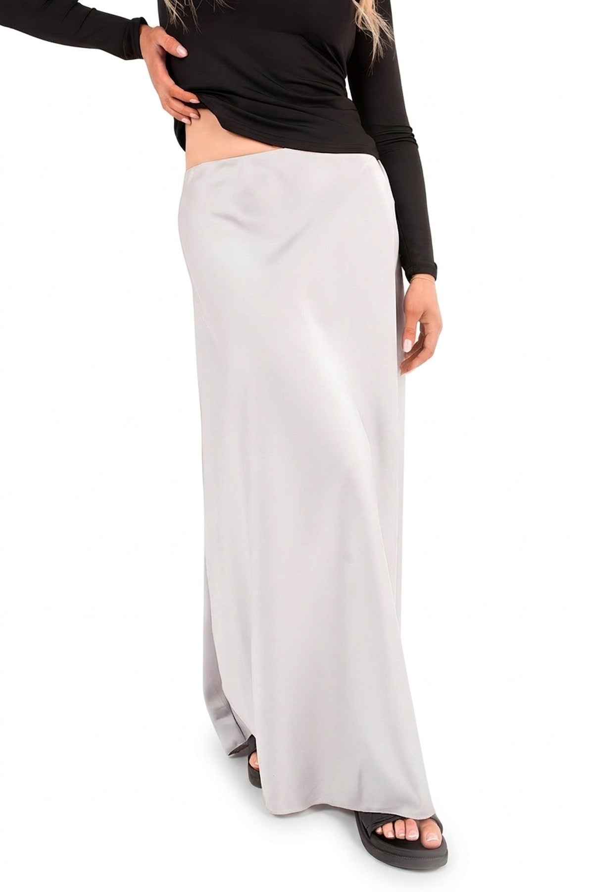 Estella Lightweight High Waisted Maxi Skirt - Grey_wb