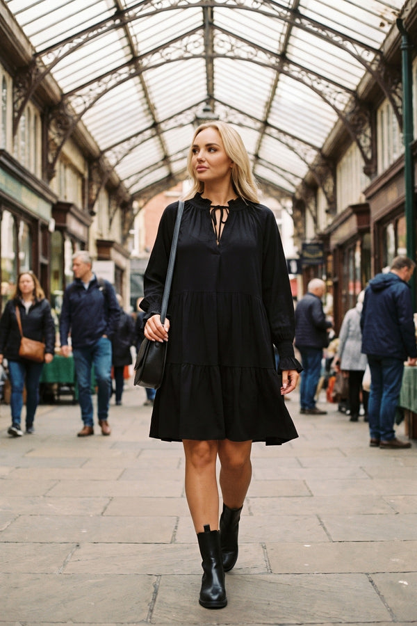 Renata Long Sleeve Front Tie Tiered Mini Dress - Black