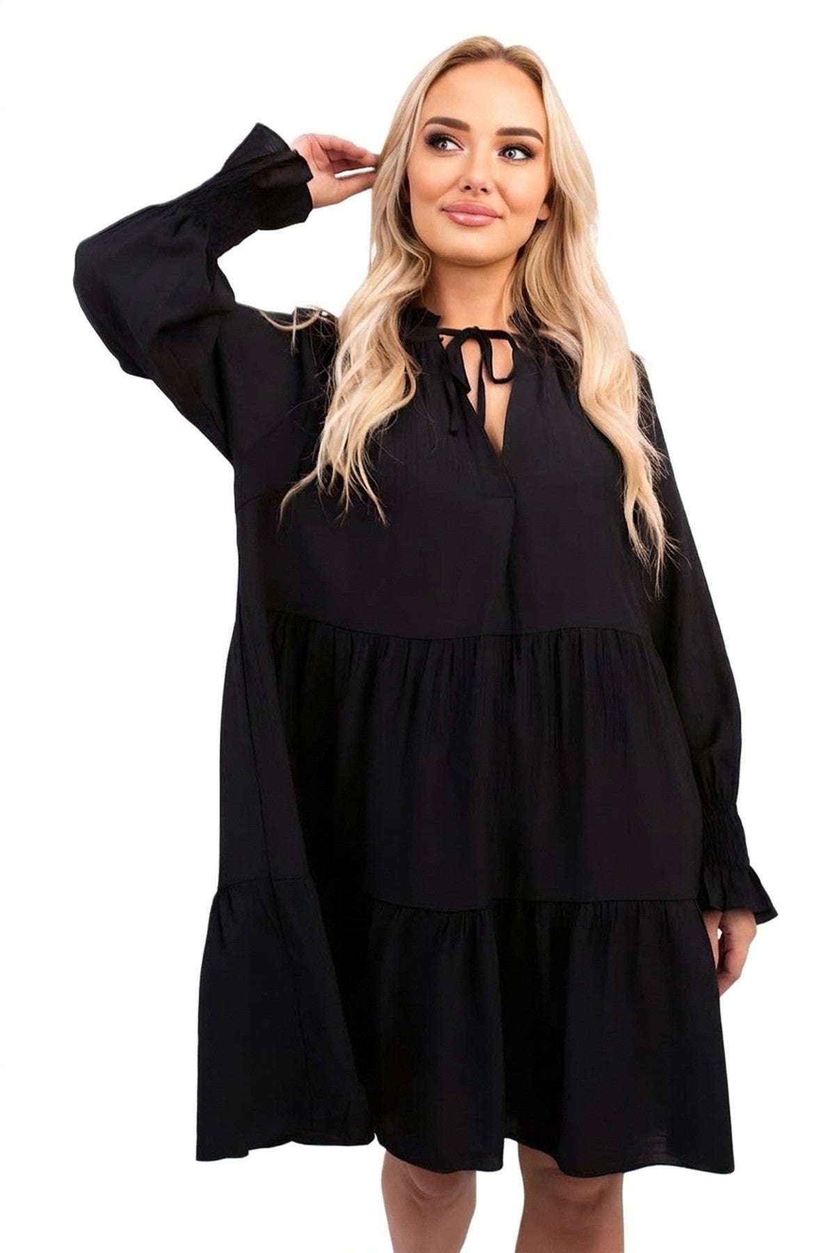Renata Long Sleeve Front Tie Tiered Mini Dress - Black_wb