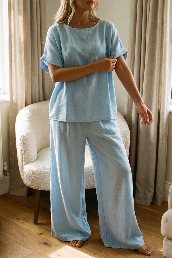 Marinne Loose Fit Short Sleeve Top And Wide Trousers Co-ord Set - Sky Blue