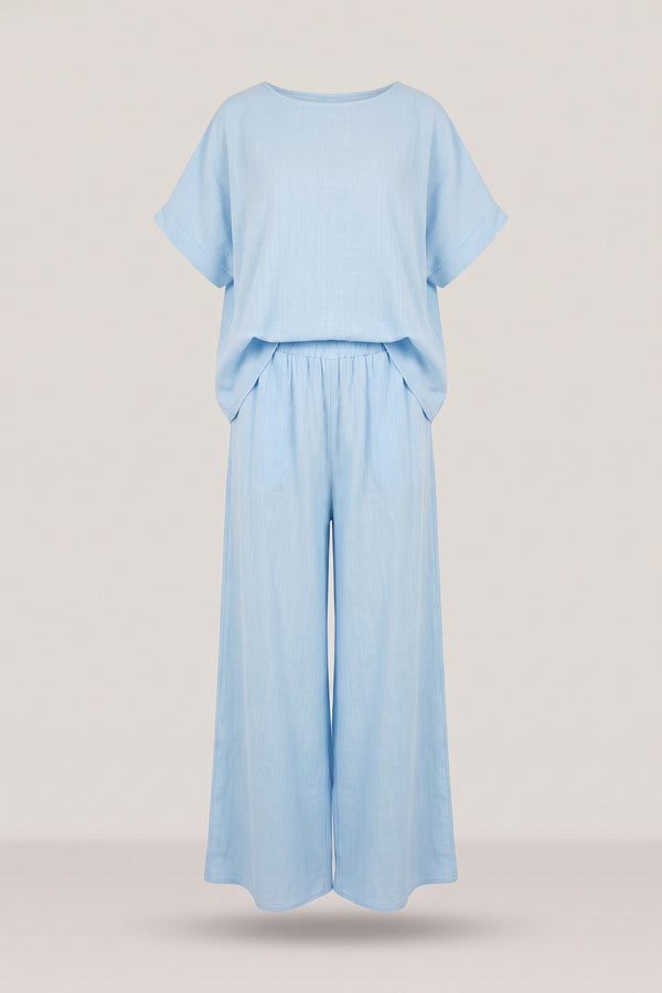 Marinne Loose Fit Short Sleeve Top And Wide Trousers Co-ord Set - Sky Blue