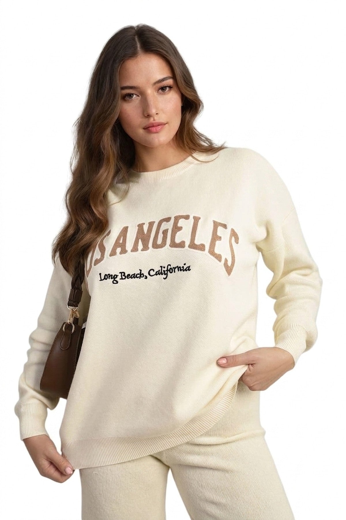 Dorothy Los Angeles Graphic Long Sleeve Knitted Jumper - Beige