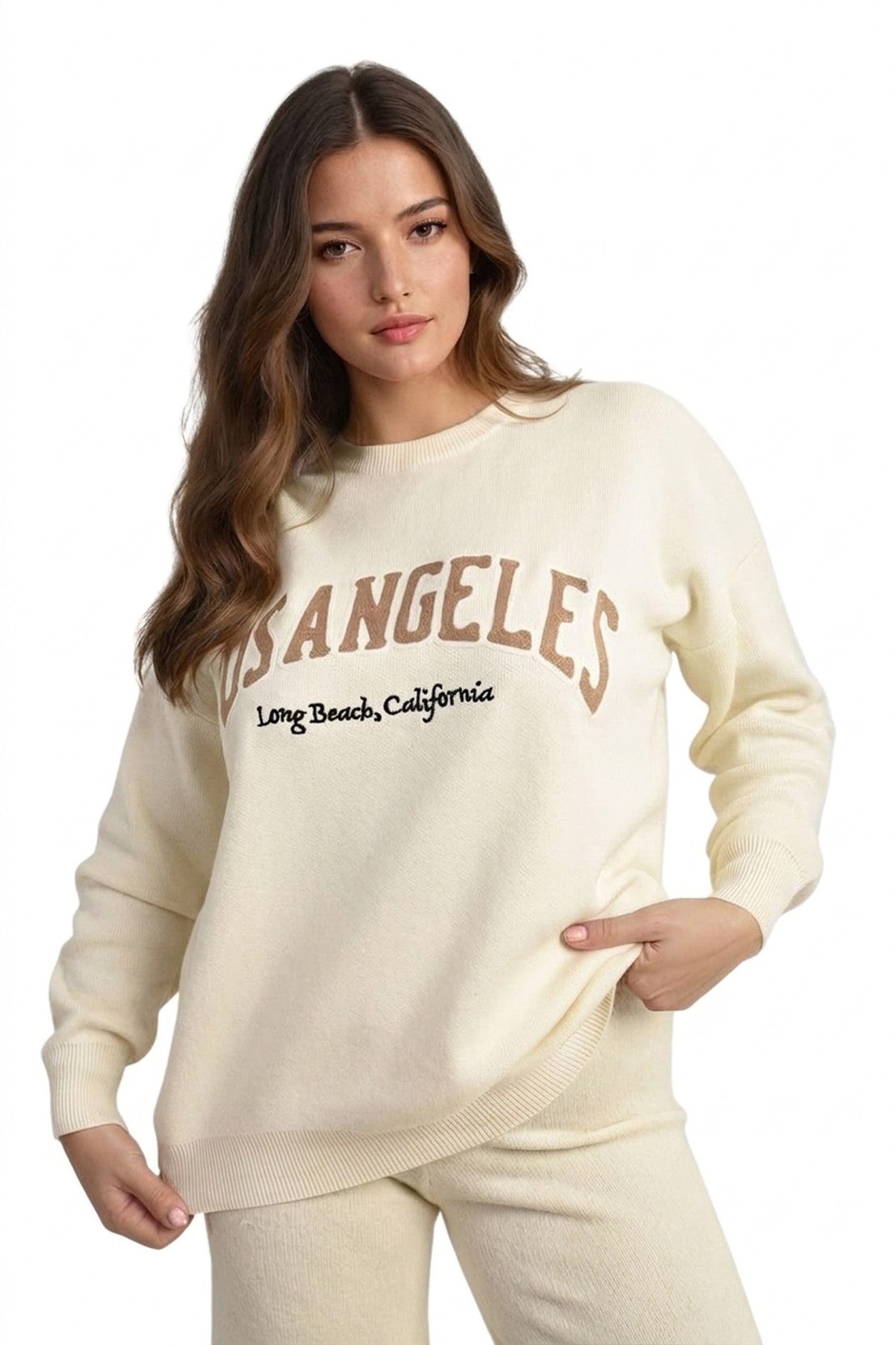 Dorothy Los Angeles Graphic Long Sleeve Knitted Jumper - Beige_wb