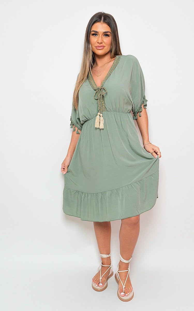 Maja V-neck Short Sleeve Midi Dress With Tassel Detail - Khaki