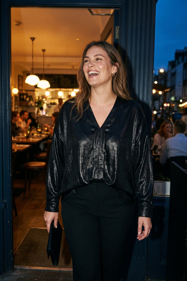 Teresa Metallic V-neck Oversized Top - Black