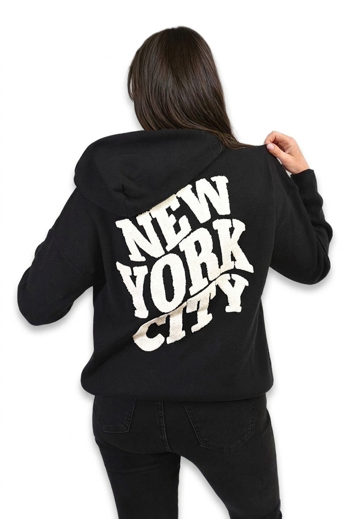Karen New York City Print Knitted Hoodie - Black_wb