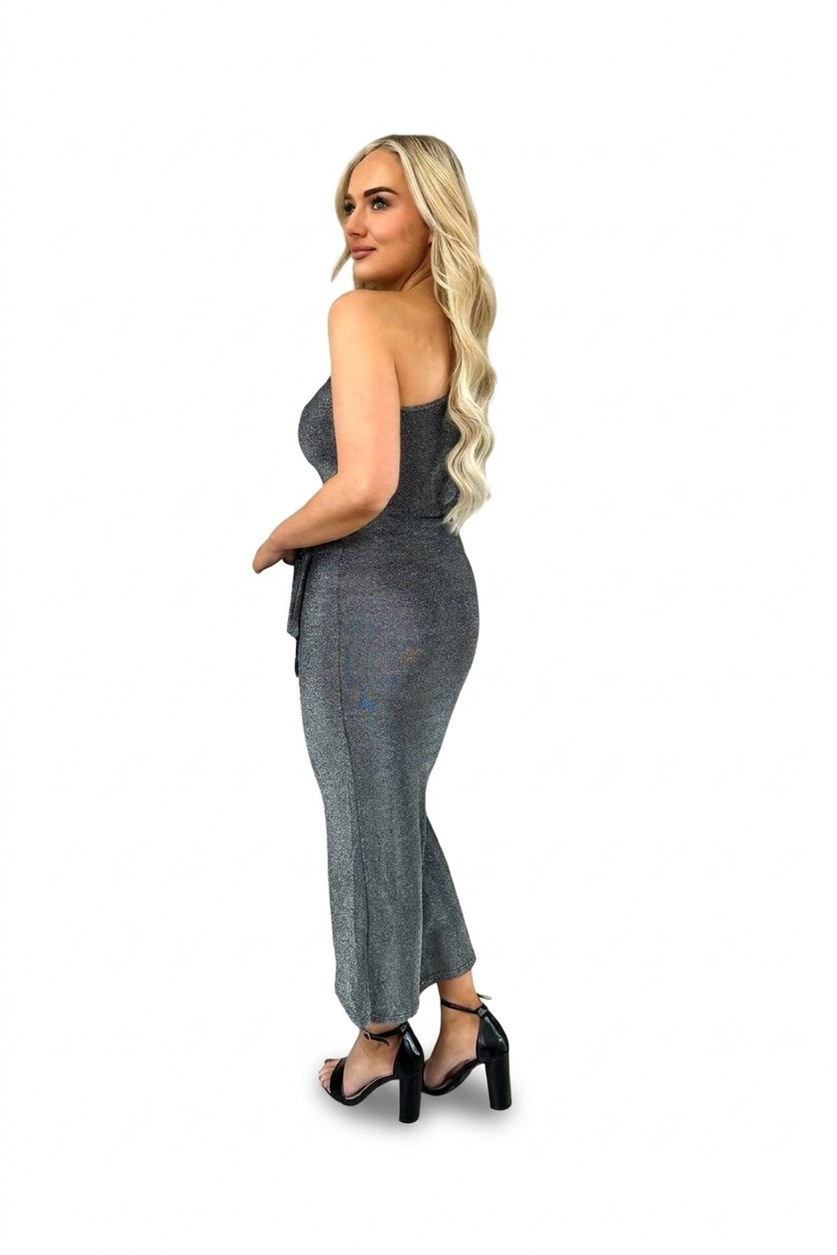 Jodie One Shoulder Wrap Front Glitter Midi Dress - Silver_wb