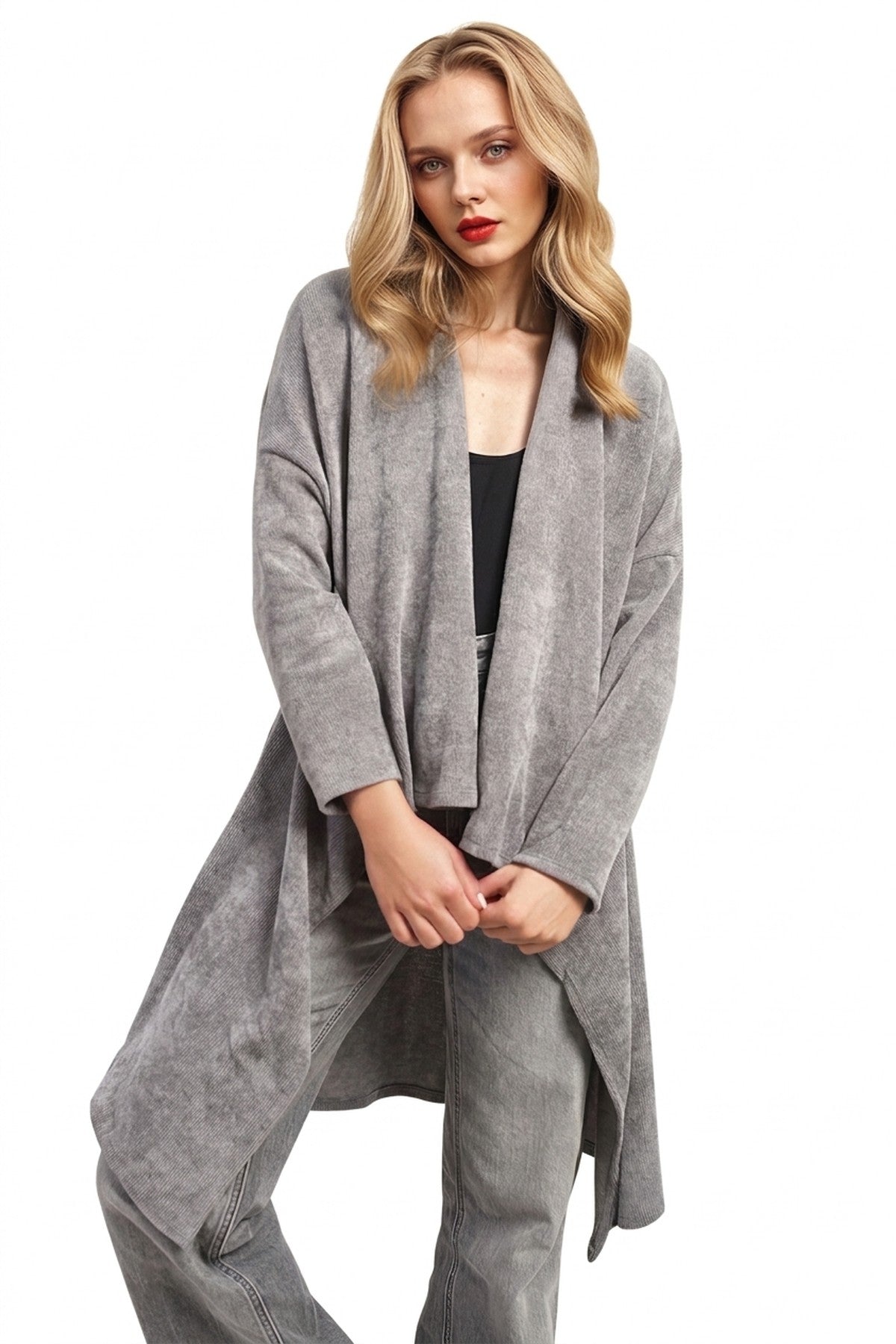 Lydia Open Front Long Back Knitted Cardigan - Grey_wb