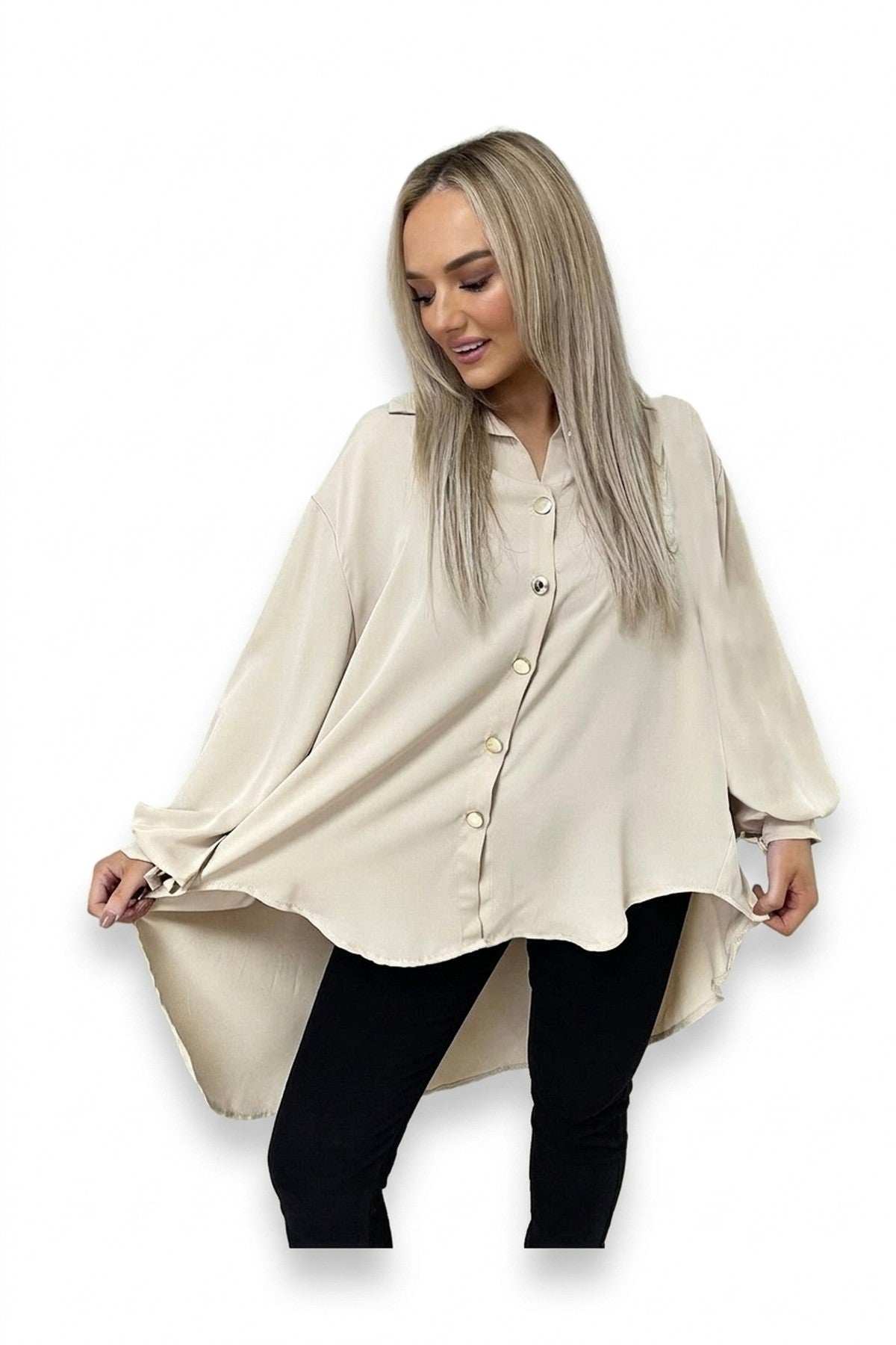 Sienna Oversized Collared Button Down Top - Beige_wb