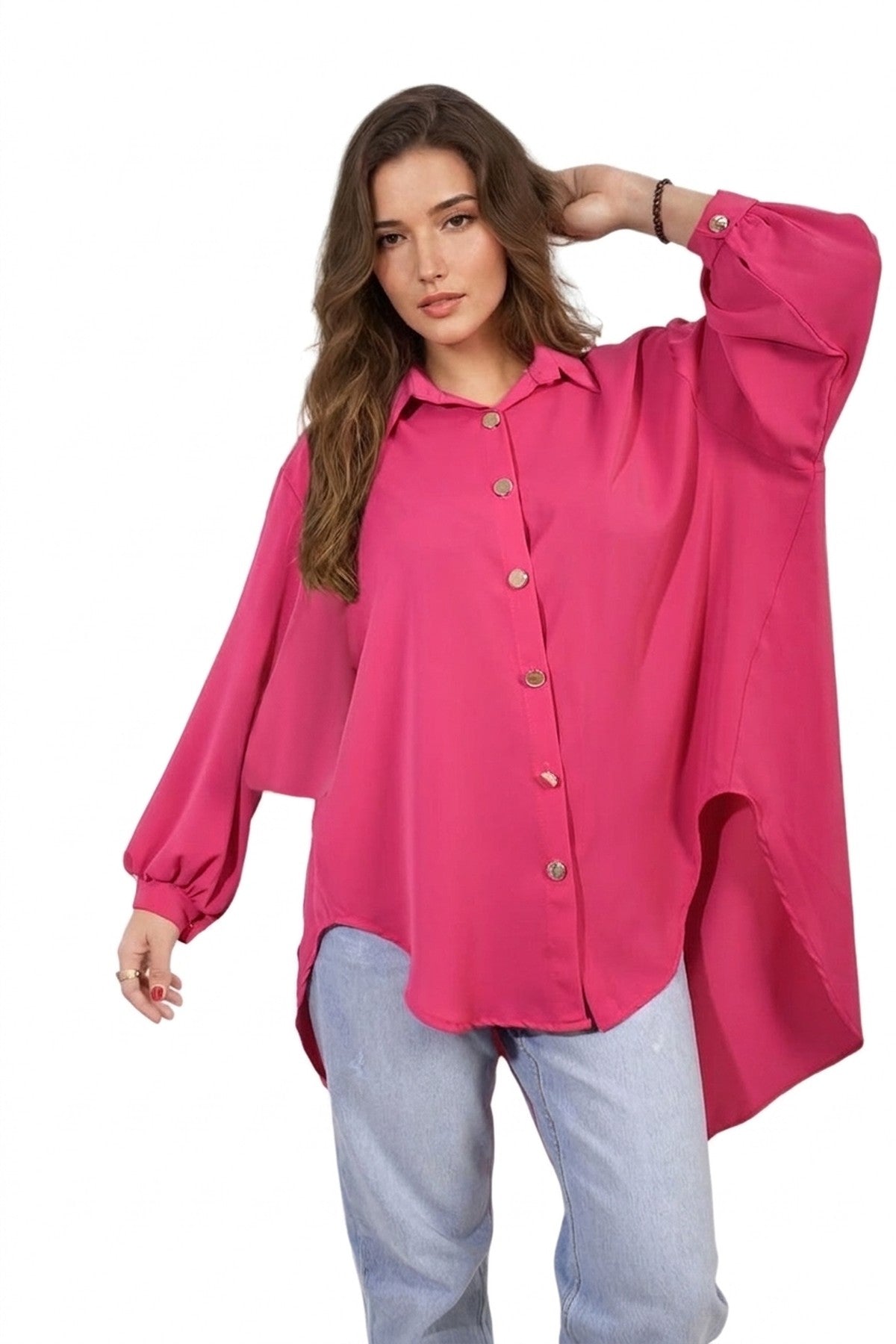 Sienna Oversized Collared Button Down Top - Fuschia_wb