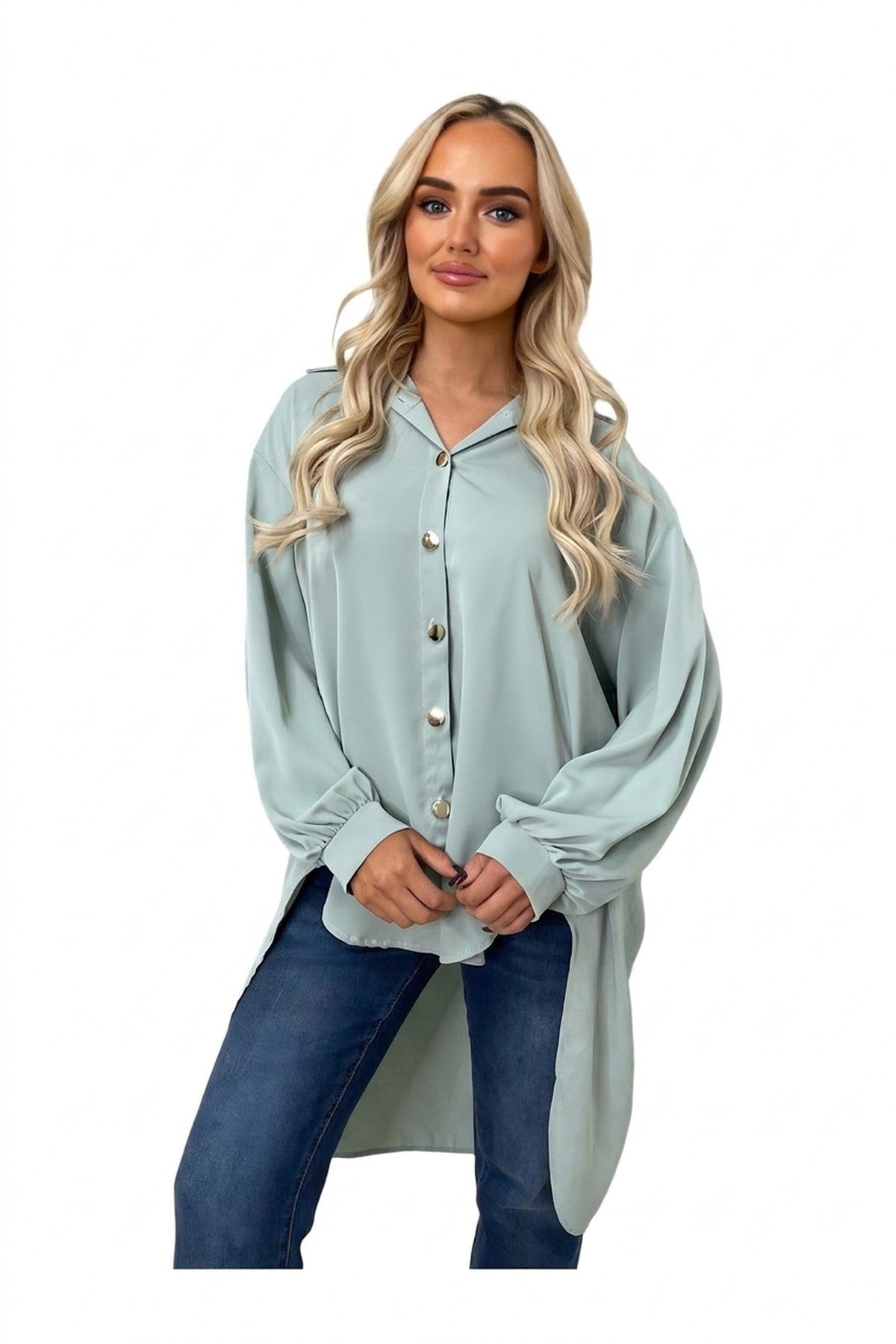 Sienna Oversized Collared Button Down Top - Light Green_wb