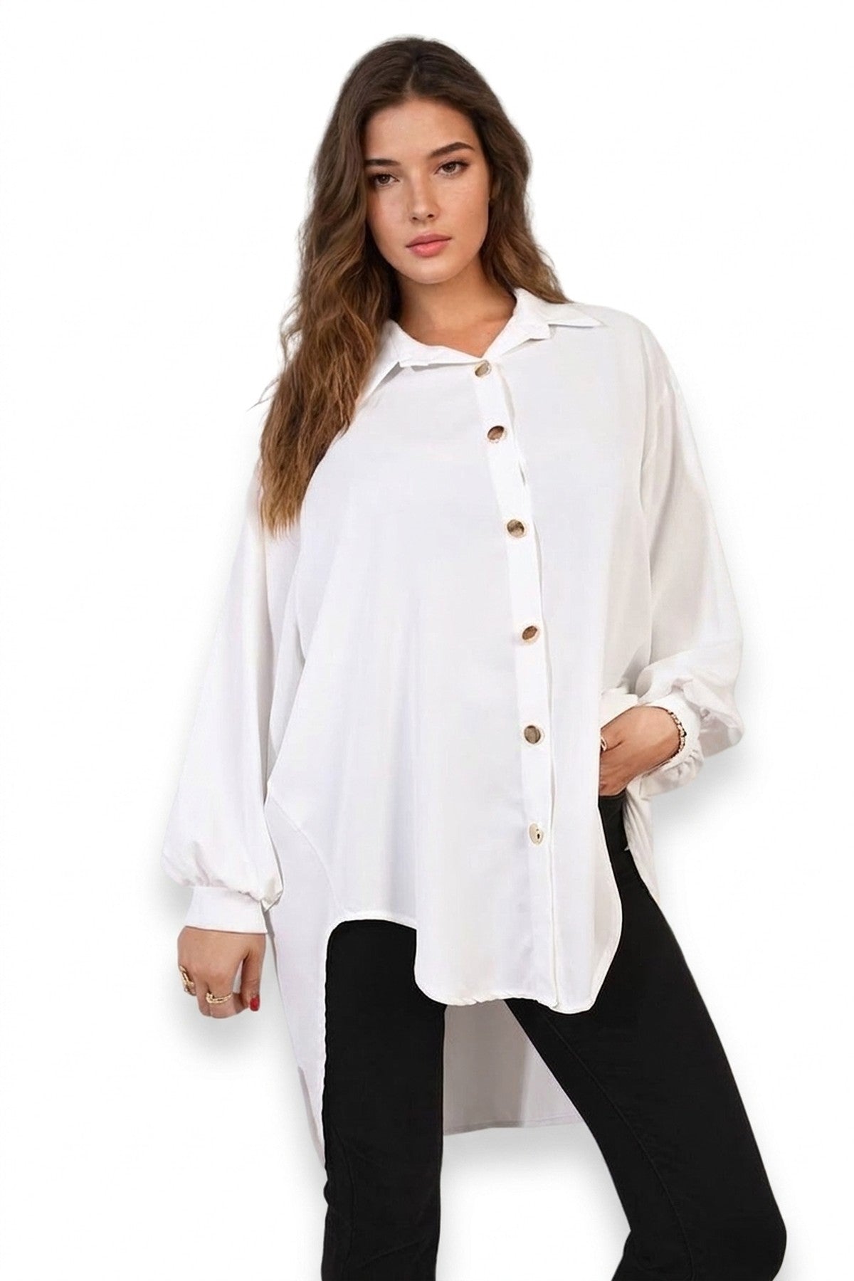 Sienna Oversized Collared Button Down Top - White_wb