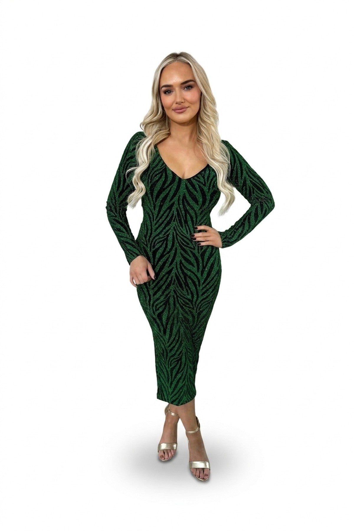 Evelyn Printed V-neck Long Sleeve Glitter Midi Dress - Green_wb