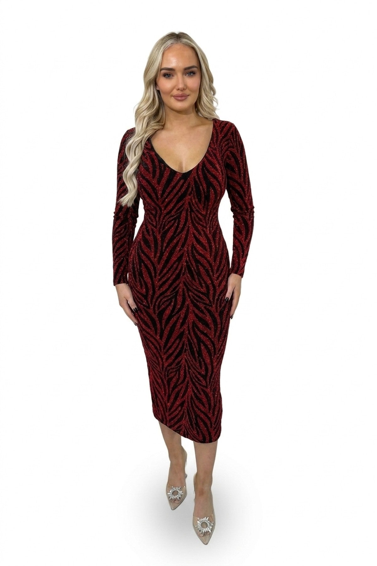 Evelyn Printed V-neck Long Sleeve Glitter Midi Dress - Wine_wb