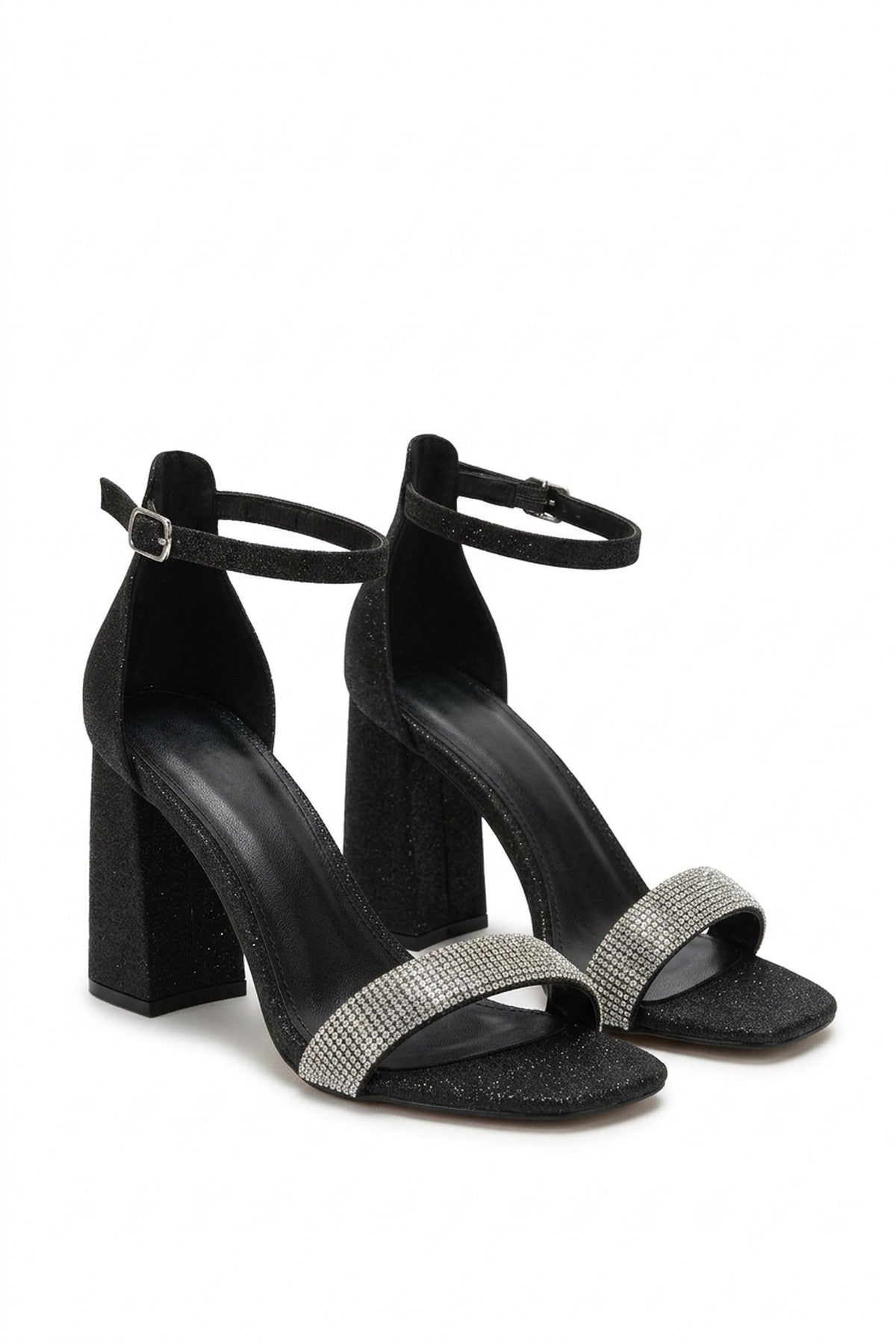 Vivian Rhinestone Ankle Strap Block High Heels - Black_wb