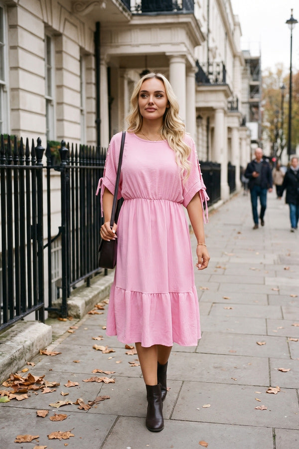 Fianna Round Neck Short Sleeve Midi Dress With Tie Sleeve Detail - Pink