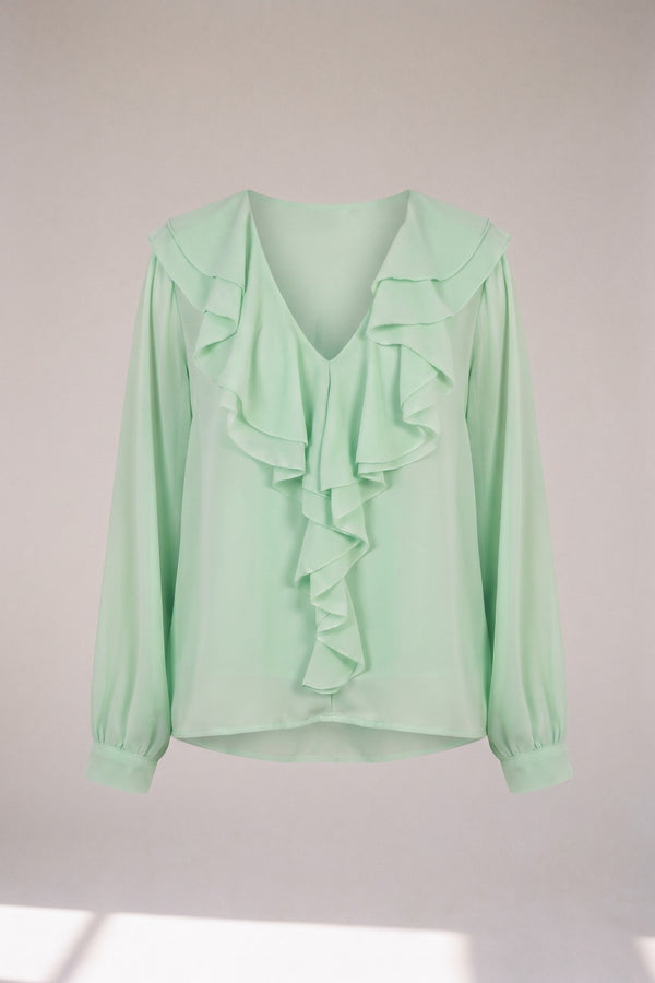 Leyla Ruffle Trim Front Long Sleeve Top - Mint