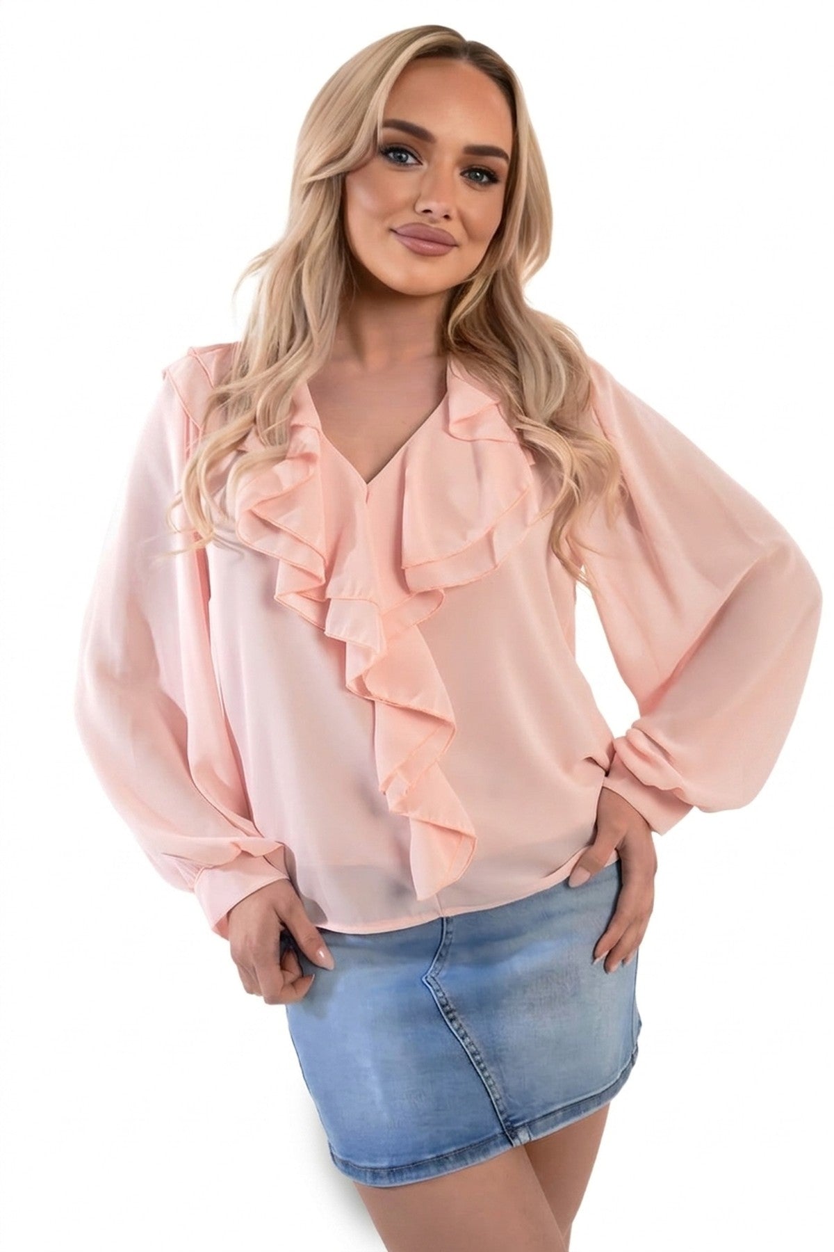 Leyla Ruffle Trim Front Long Sleeve Top - Pink_wb