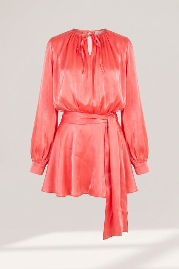 Laylani Satin Long Sleeve Ruffle Belted Mini Dress - Red