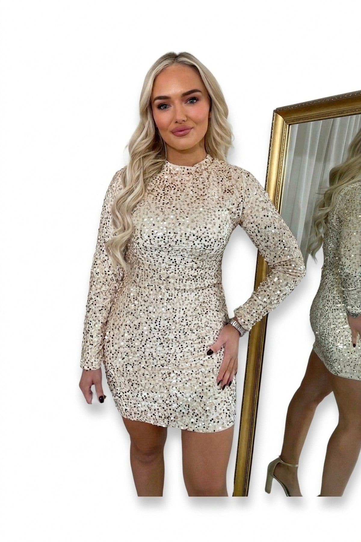 Lorena Sequin Long Sleeve Bodycon Mini Dress - Beige_wb
