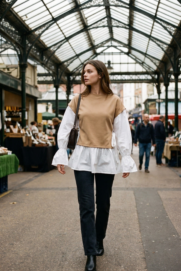 Alicia Side Tie Contrast Long Sleeve Knit Frill Top - Mocha