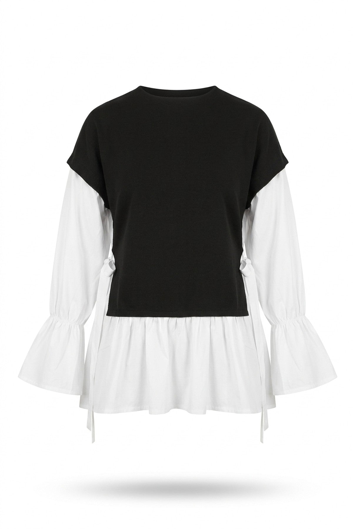 Alicia Side Tie Contrast Long Sleeve Knit Frill Top - Black