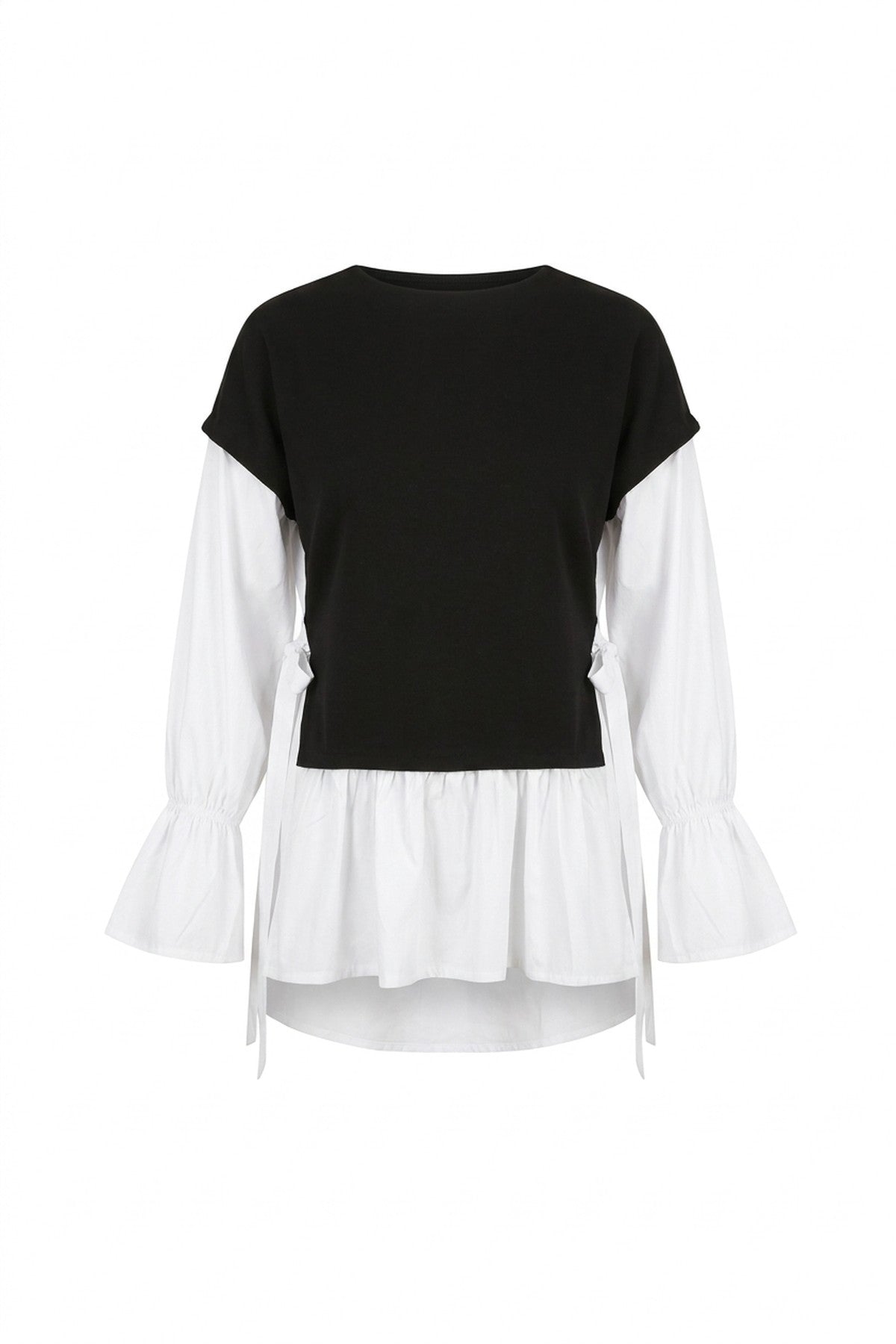Alicia Side Tie Contrast Long Sleeve Knit Frill Top - Black_wb