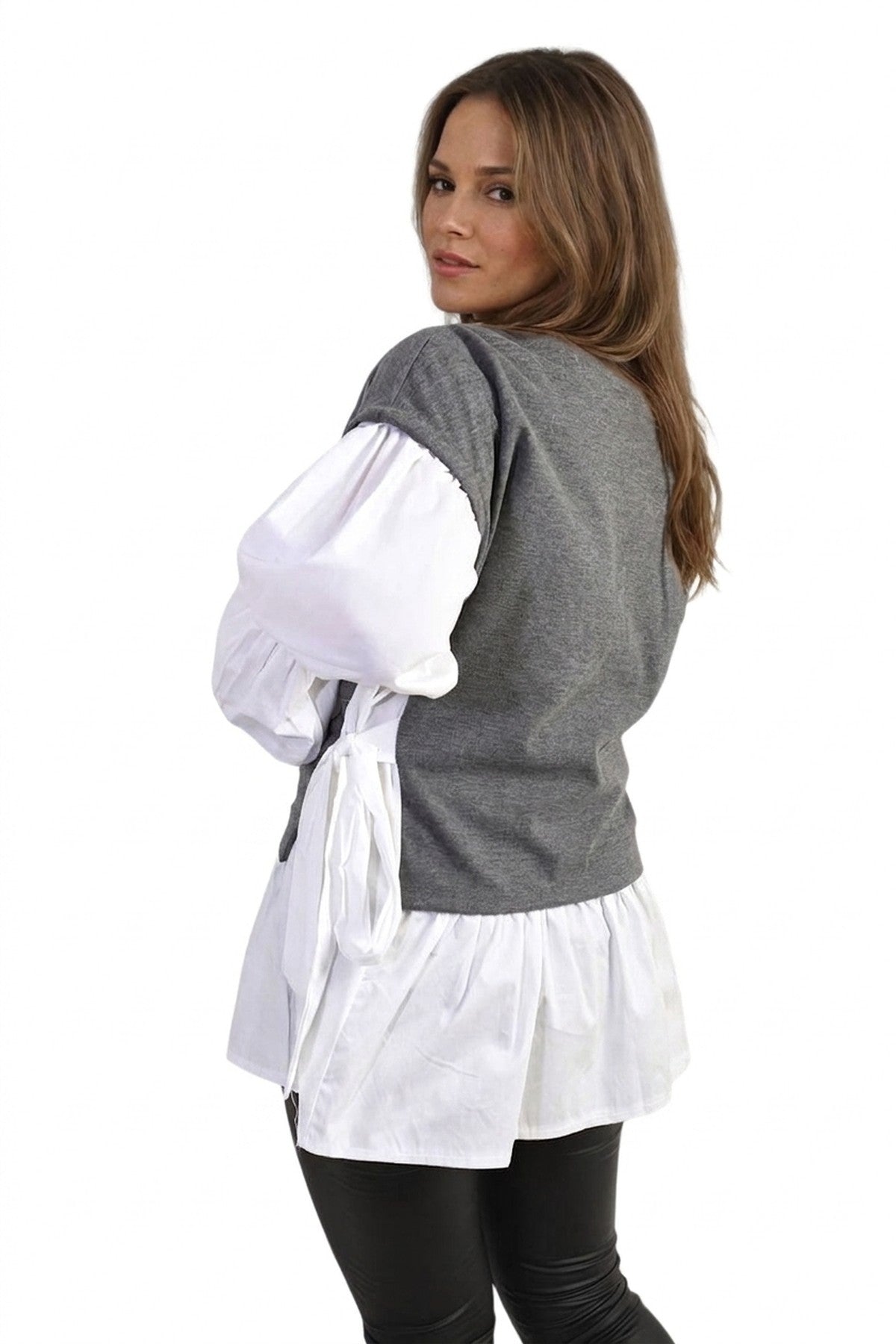 Alicia Side Tie Contrast Long Sleeve Knit Frill Top - Grey