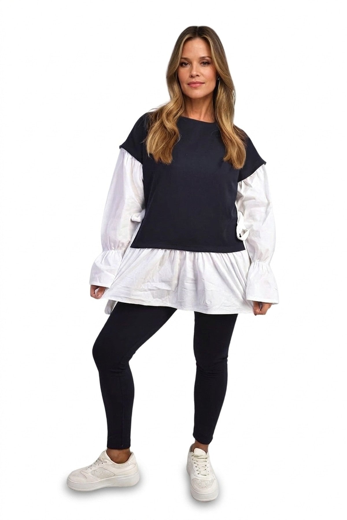 Alicia Side Tie Contrast Long Sleeve Knit Frill Top - Navy