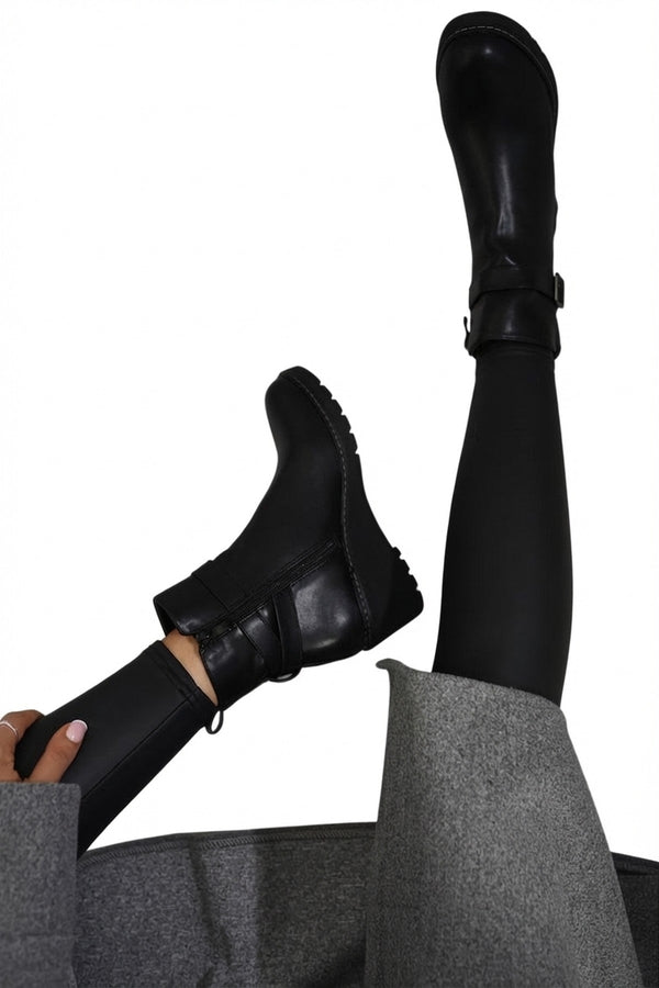 Isabel Side Zip Low Wedge Chelsea Ankle Boots - Black