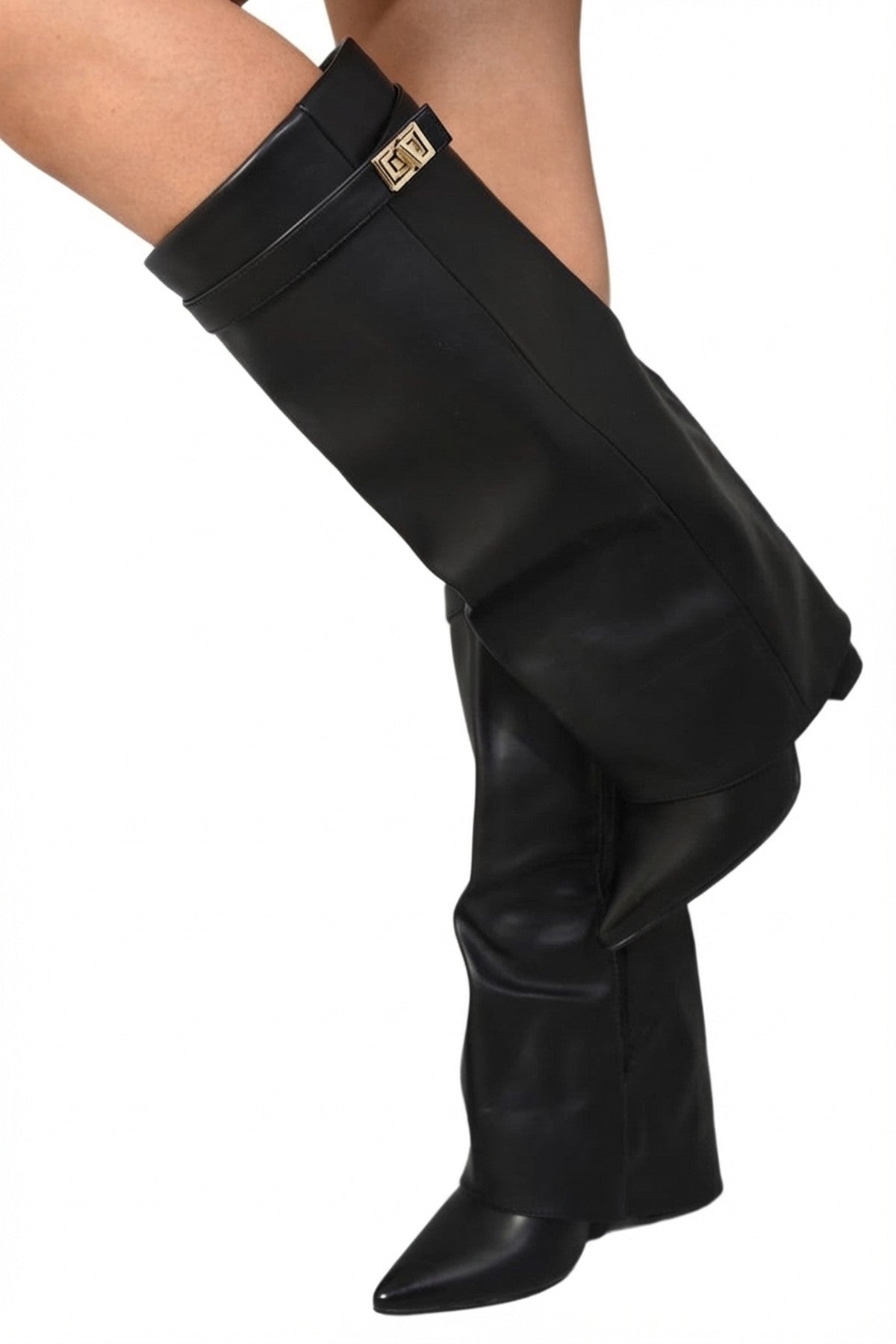 Myla Skirted Fold Over Buckle Pointed Toe High Boots - Black