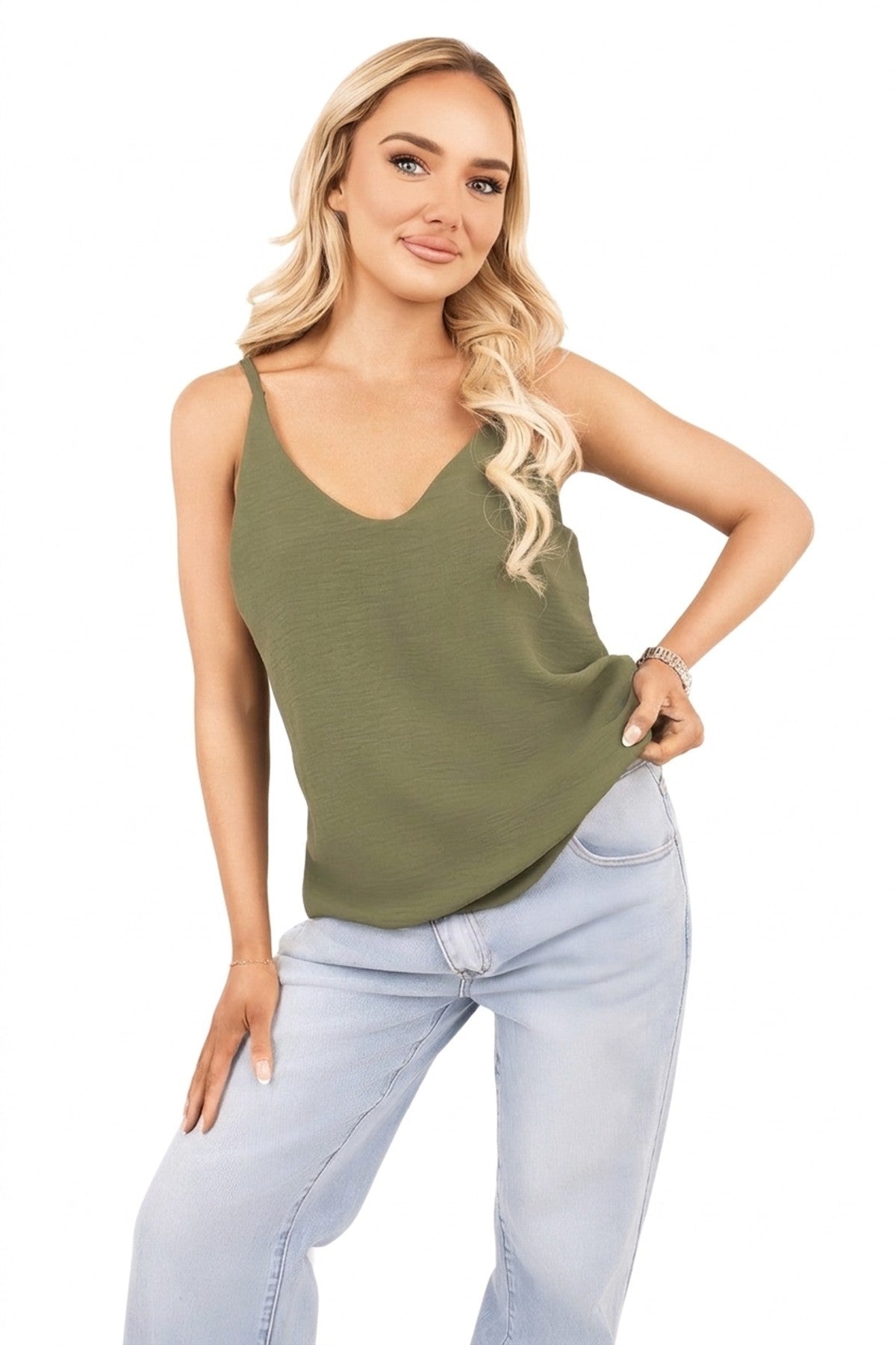Vanya Sleeveless Scoop Neck Relaxed Fit Top - Khaki_wb
