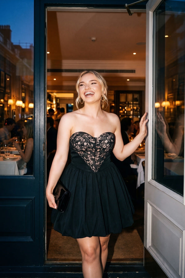 Leah Strapless Heart-shaped Lace Mini Dress - Black