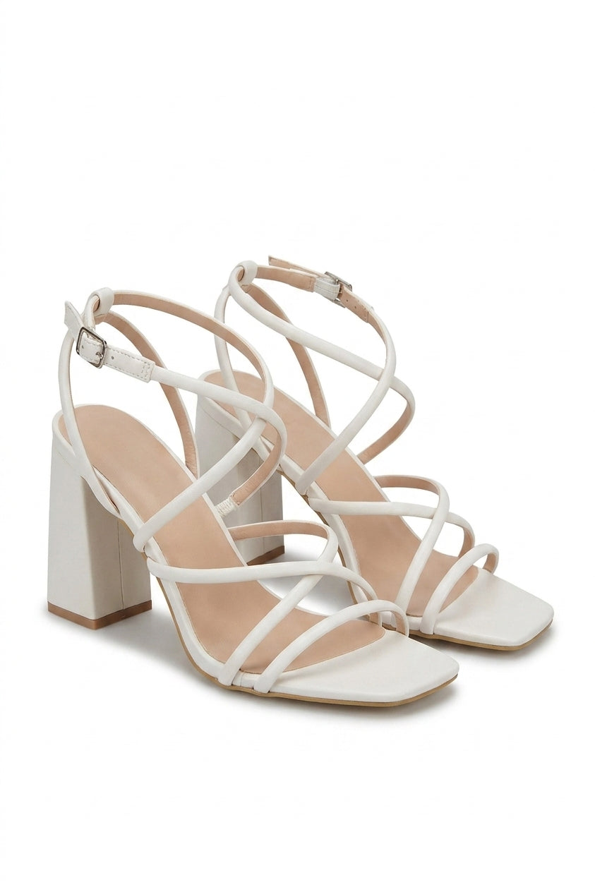 Linda Strappy Buckle Block High Heels - Beige