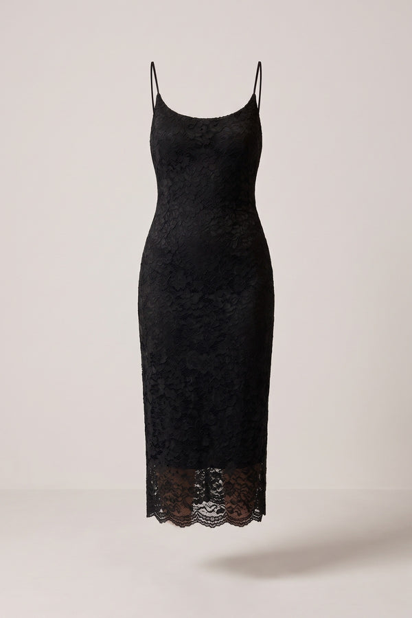 Viviana Strappy Floral Lace Midi Dress - Black