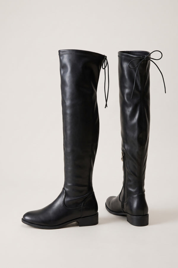 Abbey Tie Detail Low Heel Knee High Boots - Black