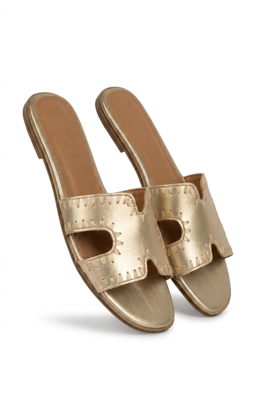 Mina Trim Cut Out Flat Slip On Sandals - Gold