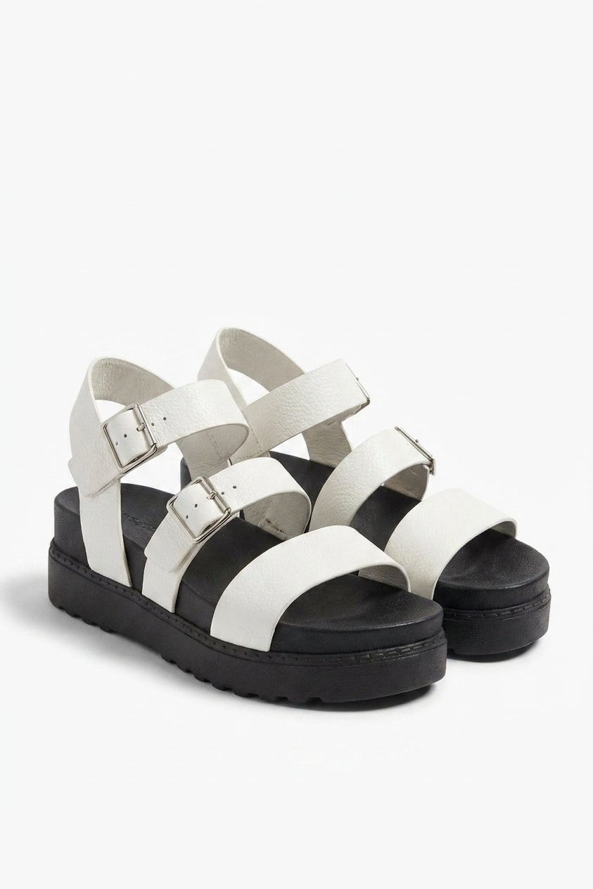 Elora Triple Buckle Flat Sandals - White_wb