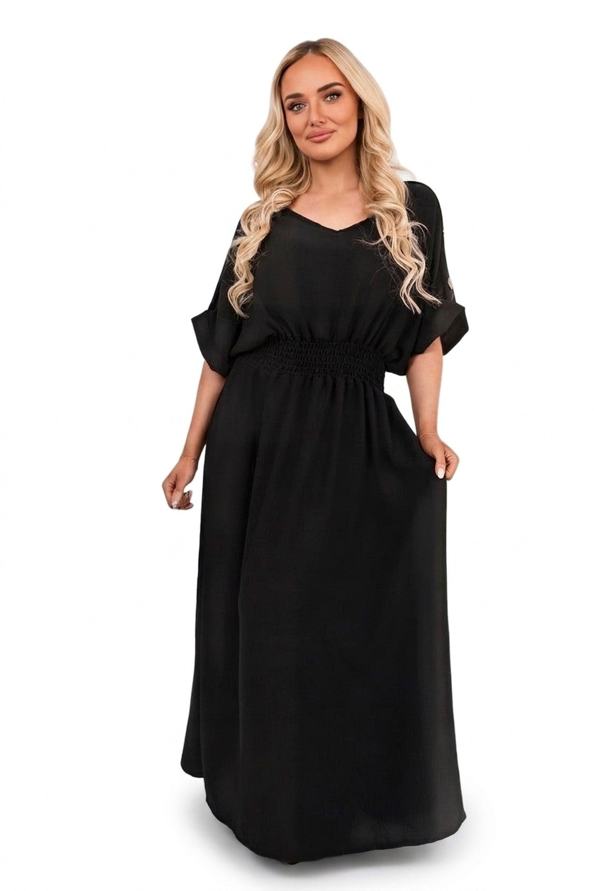 Zamara V Neck Short Sleeve Maxi Dress With Button Detail - Black