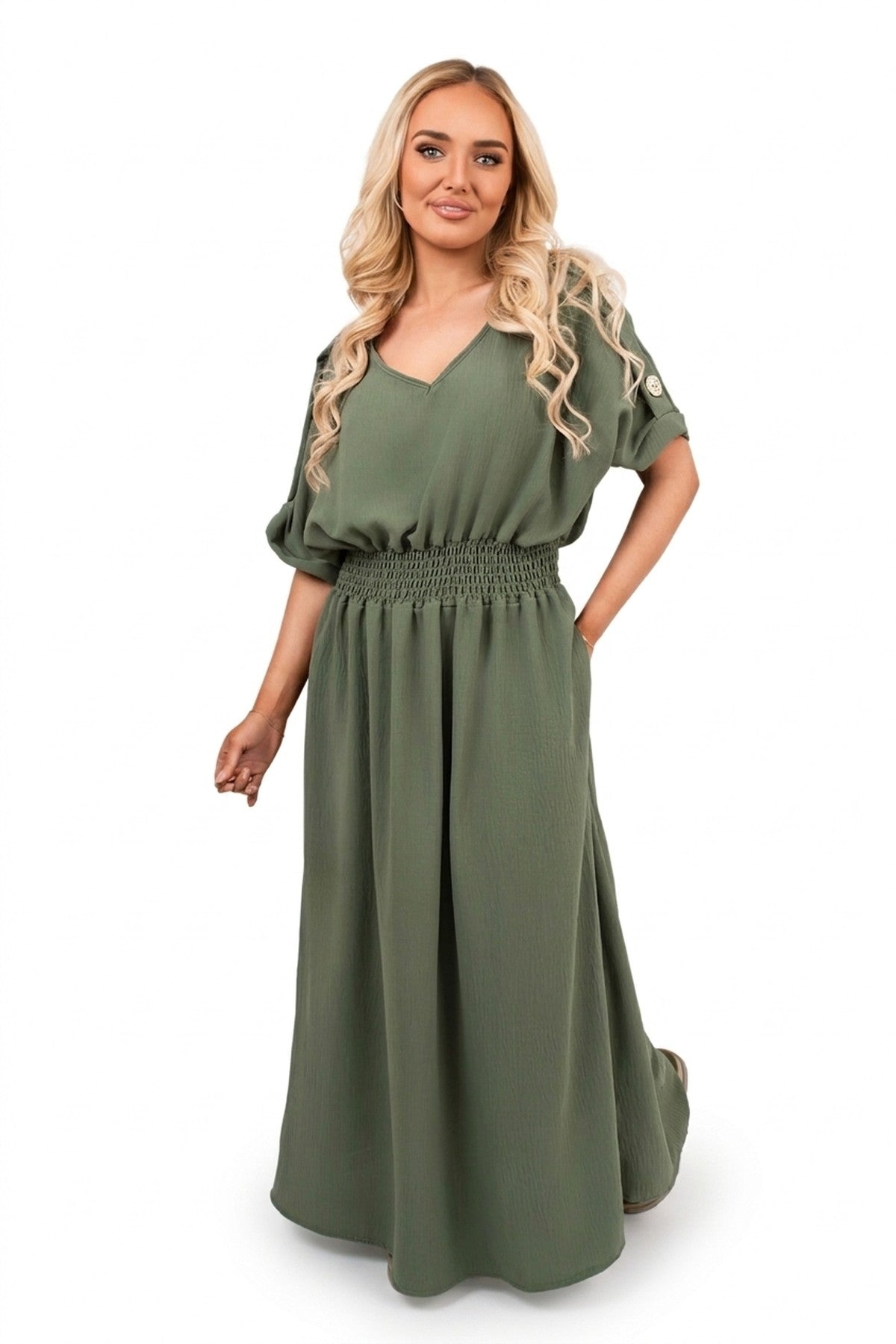 Zamara V Neck Short Sleeve Maxi Dress With Button Detail - Khaki