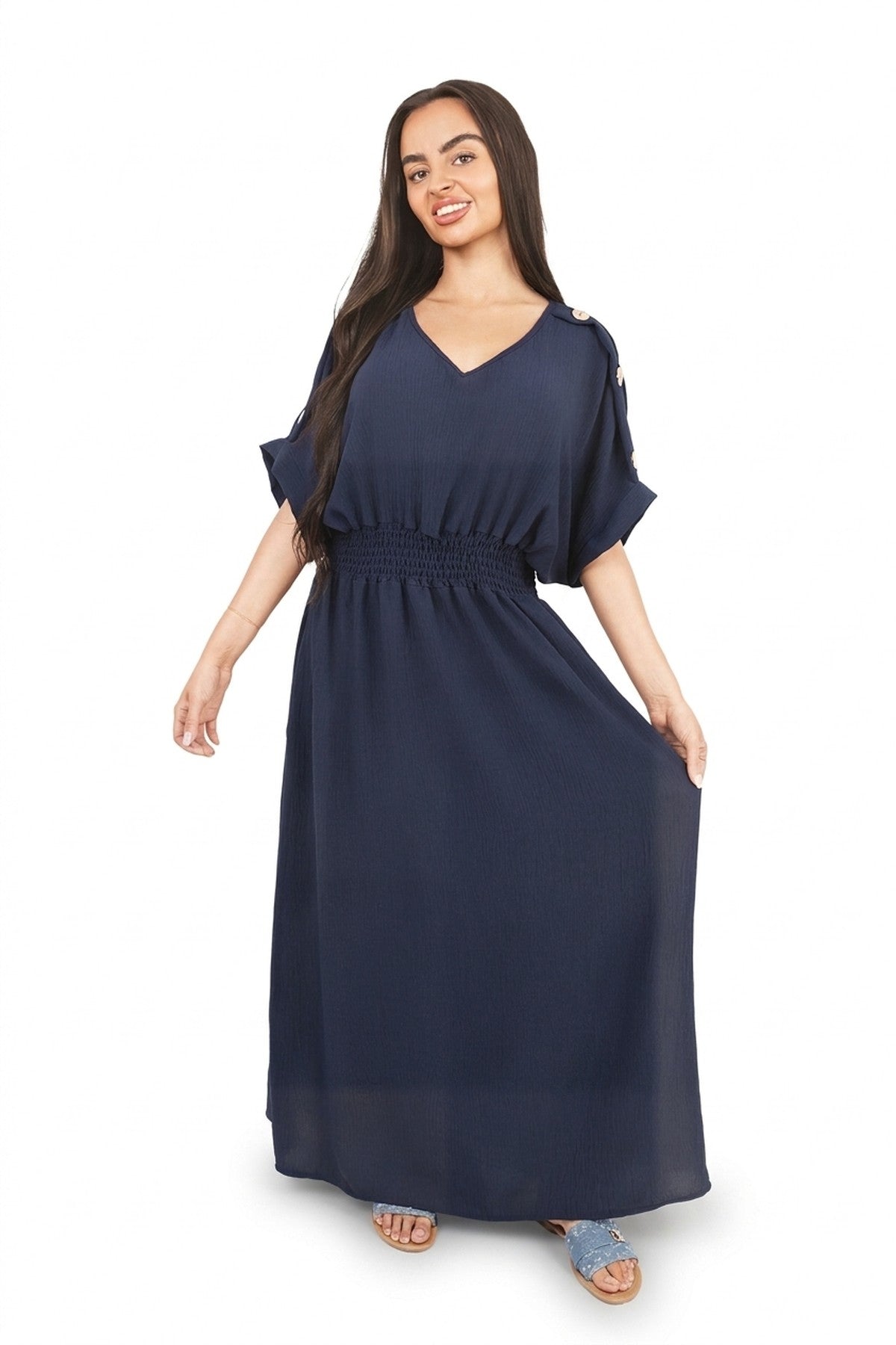 Zamara V Neck Short Sleeve Maxi Dress With Button Detail - Navy