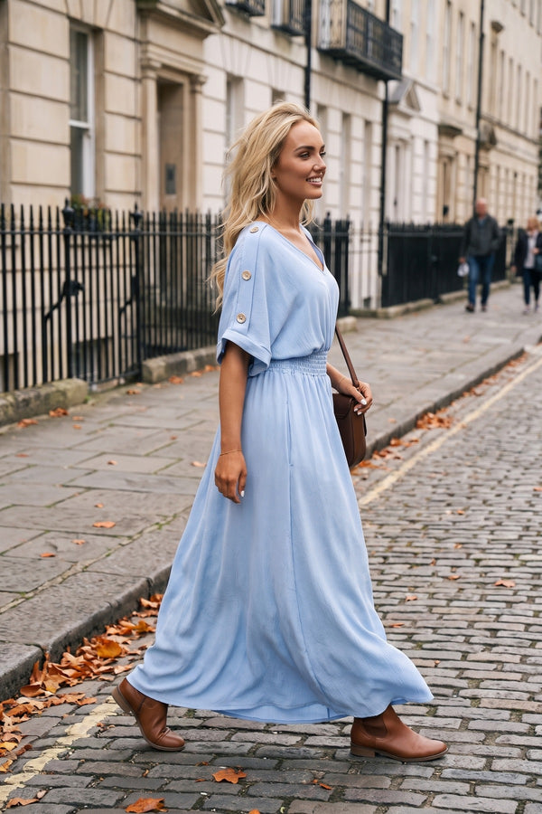 Zamara V Neck Short Sleeve Maxi Dress With Button Detail - Sky Blue