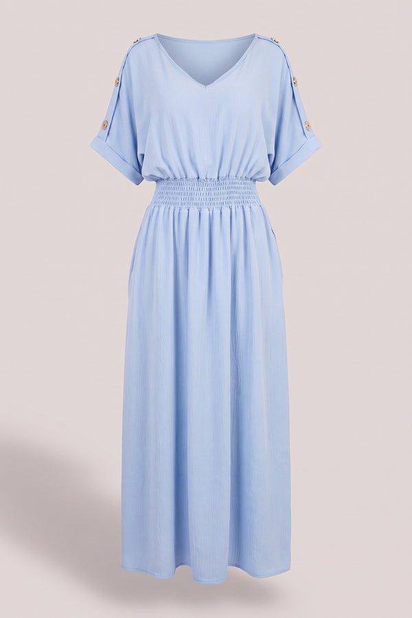 Zamara V Neck Short Sleeve Maxi Dress With Button Detail - Sky Blue