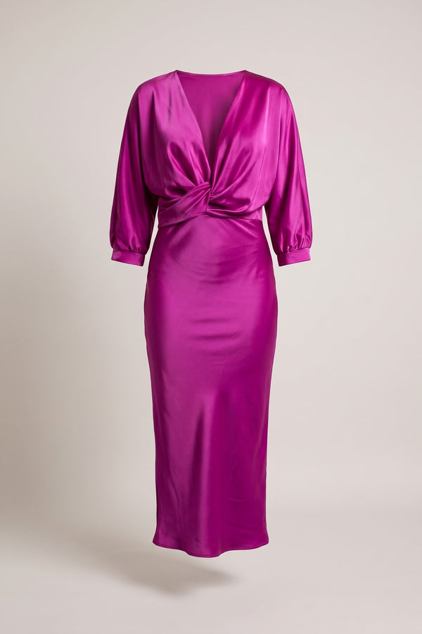 Kylie V-neck Twist Front Midi Dress - Magenta