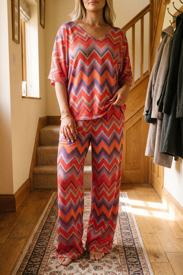 Reina Zigzag Print Top And Wide Leg Trousers Co-ord Set - Red