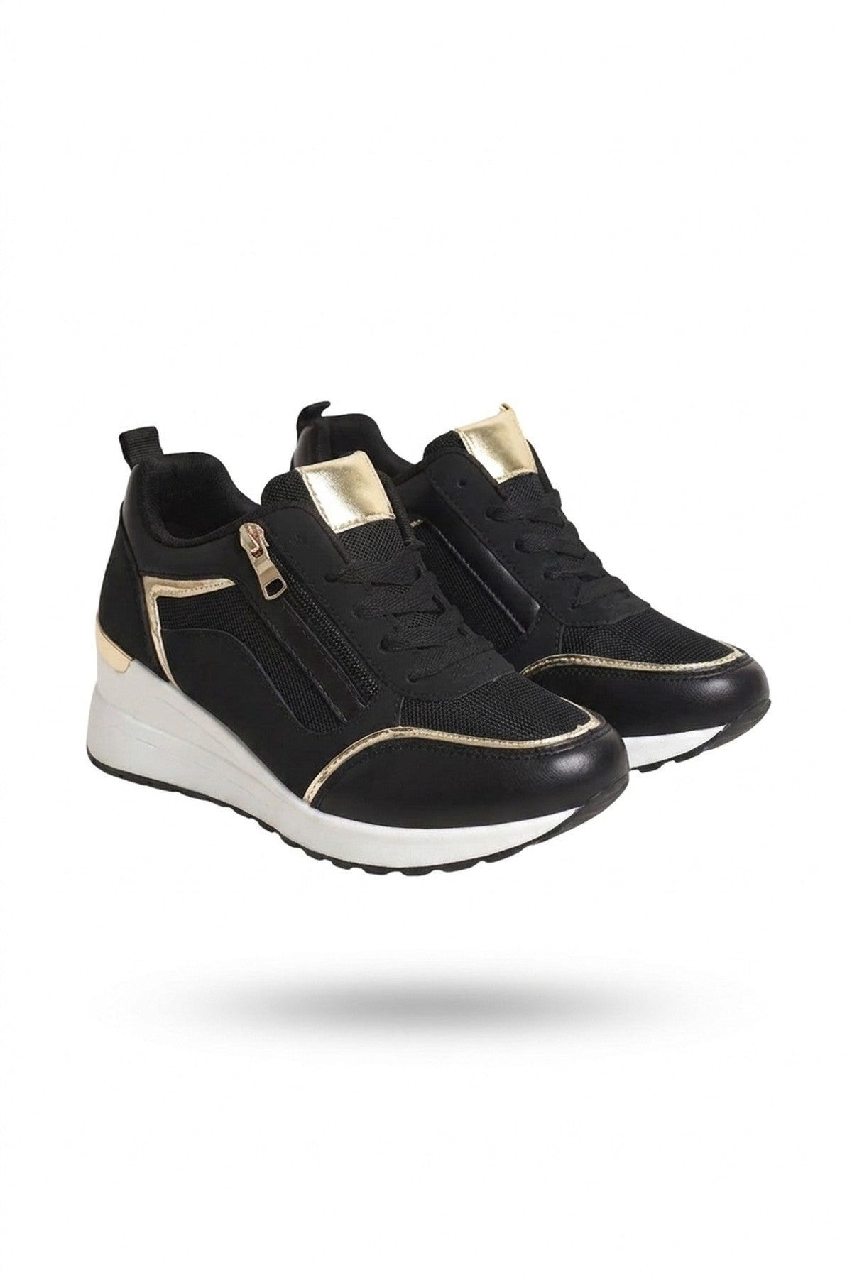 Elira Zip Side Mesh Panel Wedge Trainers - Black