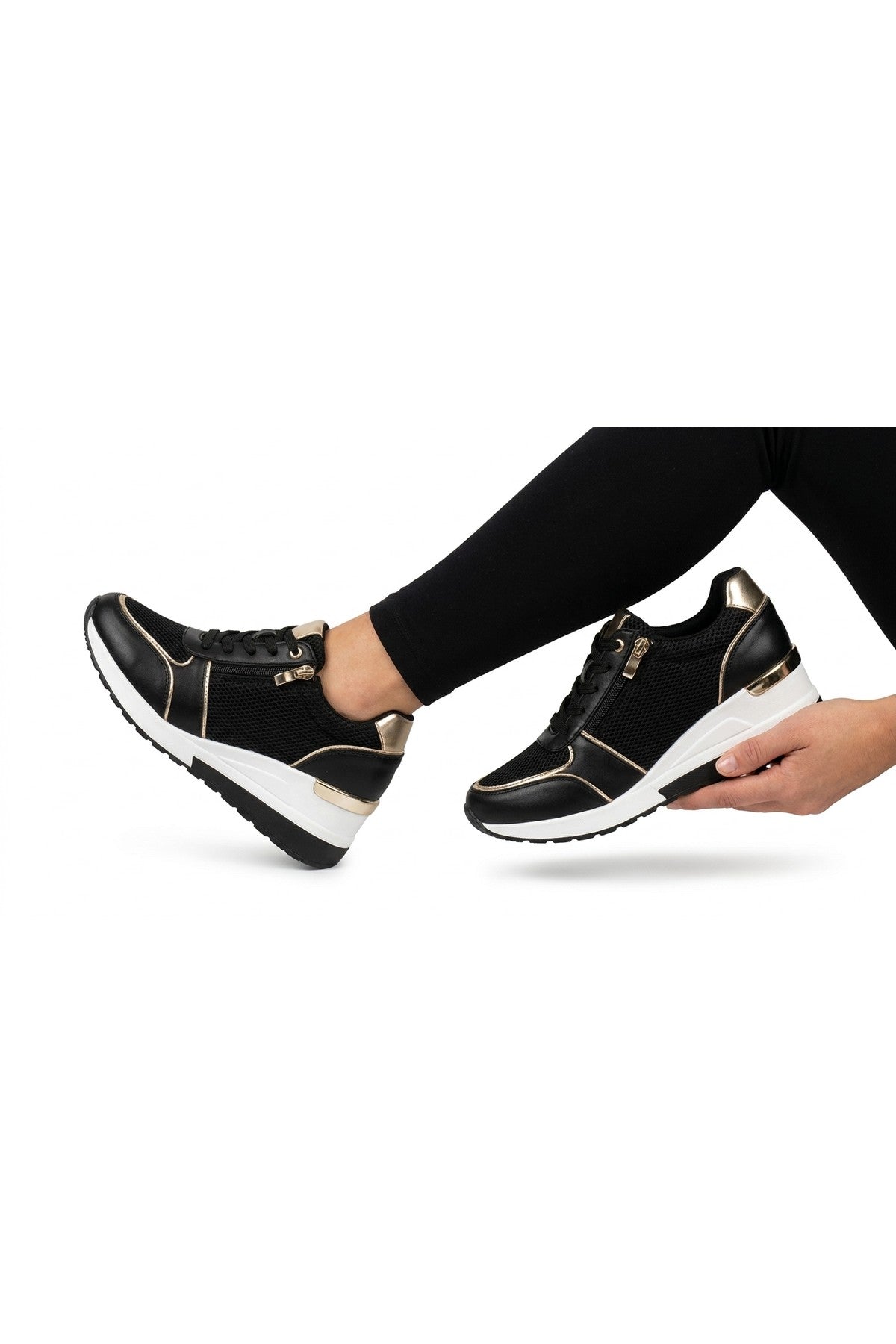 Elira Zip Side Mesh Panel Wedge Trainers - Black_wb