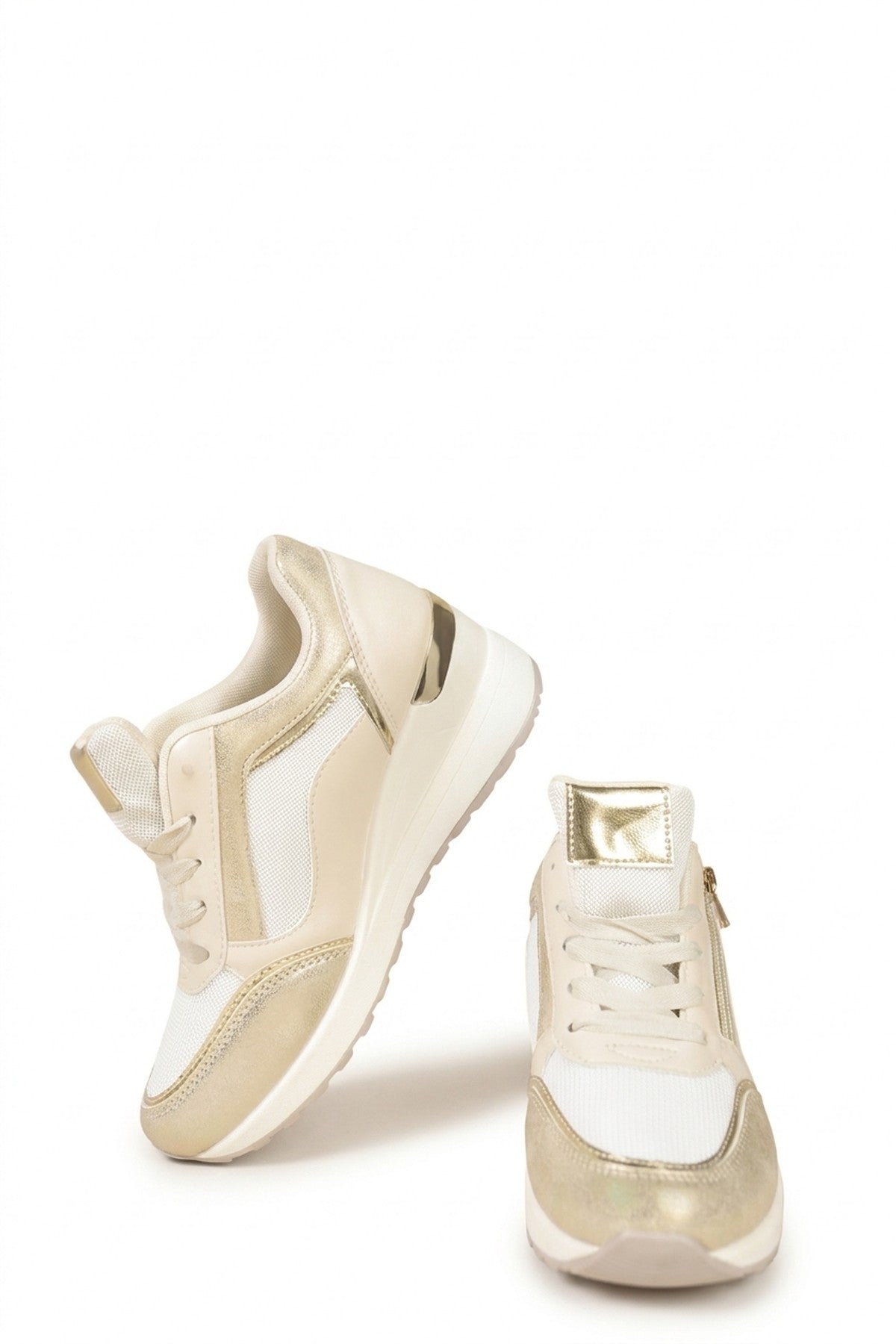 Elira Zip Side Mesh Panel Wedge Trainers - Gold_wb