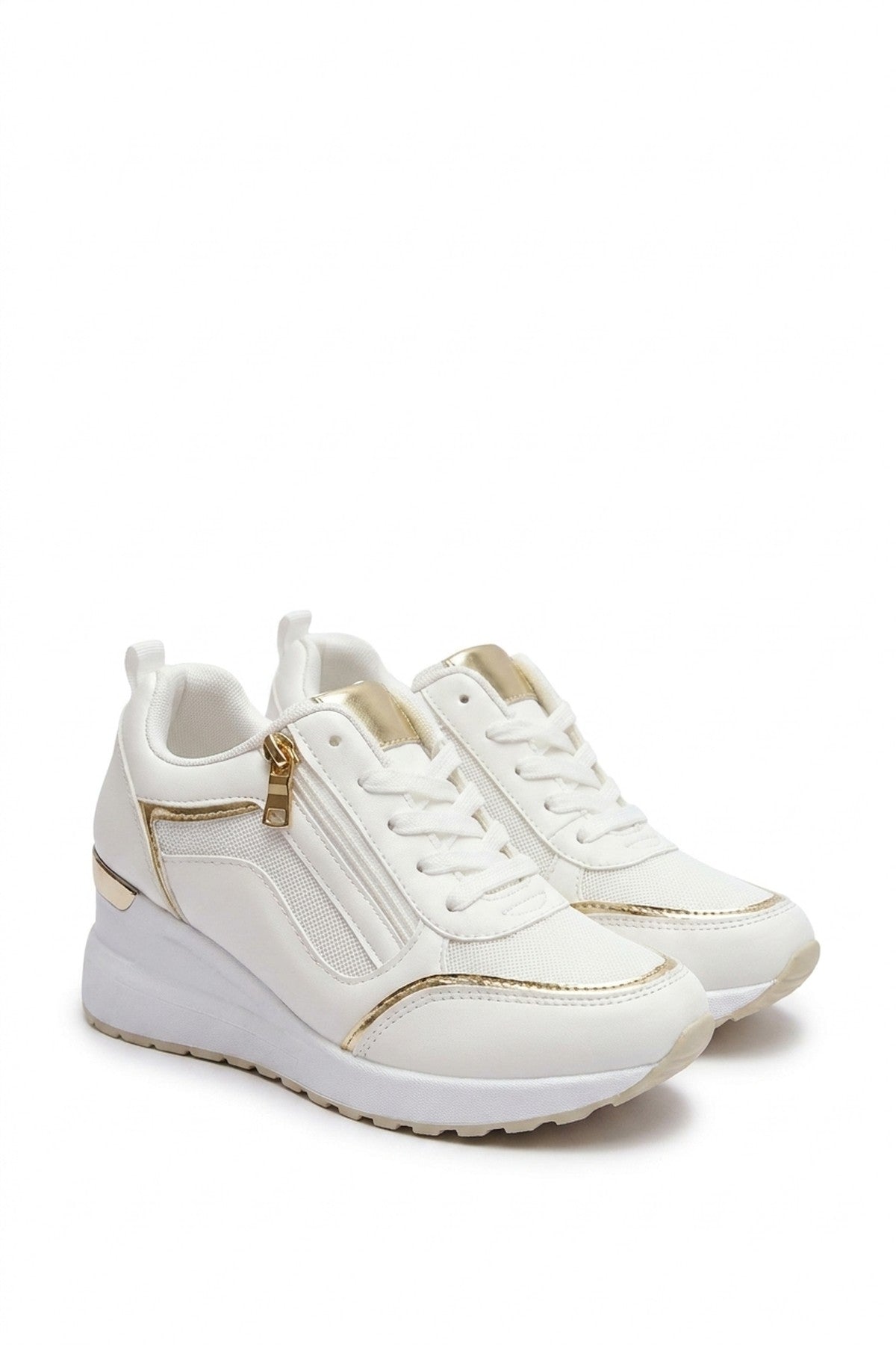 Elira Zip Side Mesh Panel Wedge Trainers - White_wb
